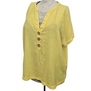 CALLIGRAPHIE Linen Viscose Yellow V Neck Blouse Women XL Coconut Buttons‎ Resort